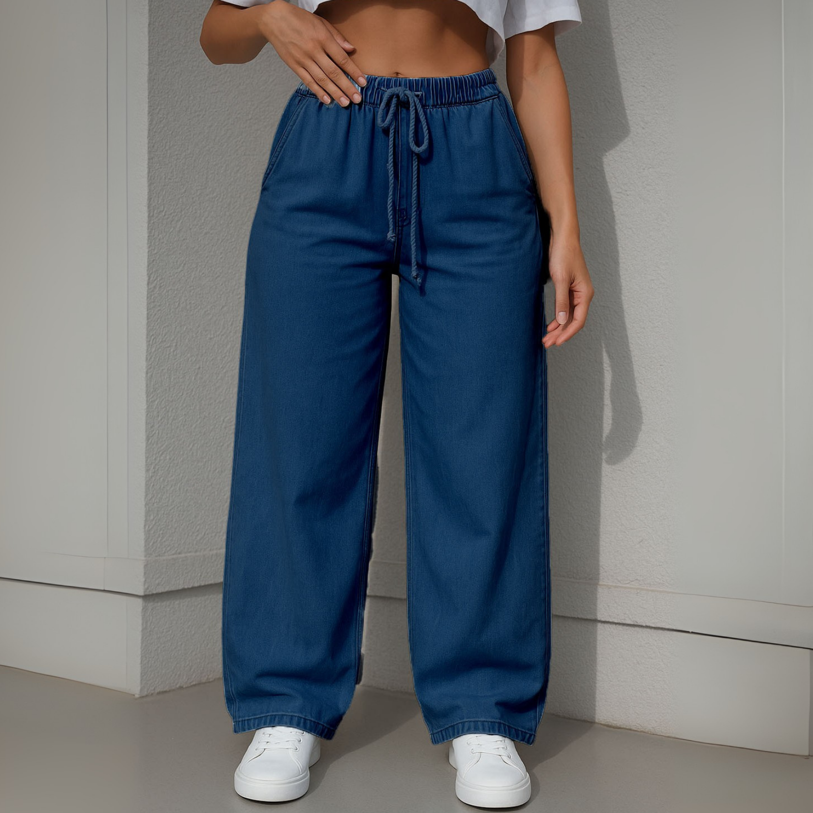 Women's Soft Wide Leg Jeans Pants Dark Blue OB-35-a