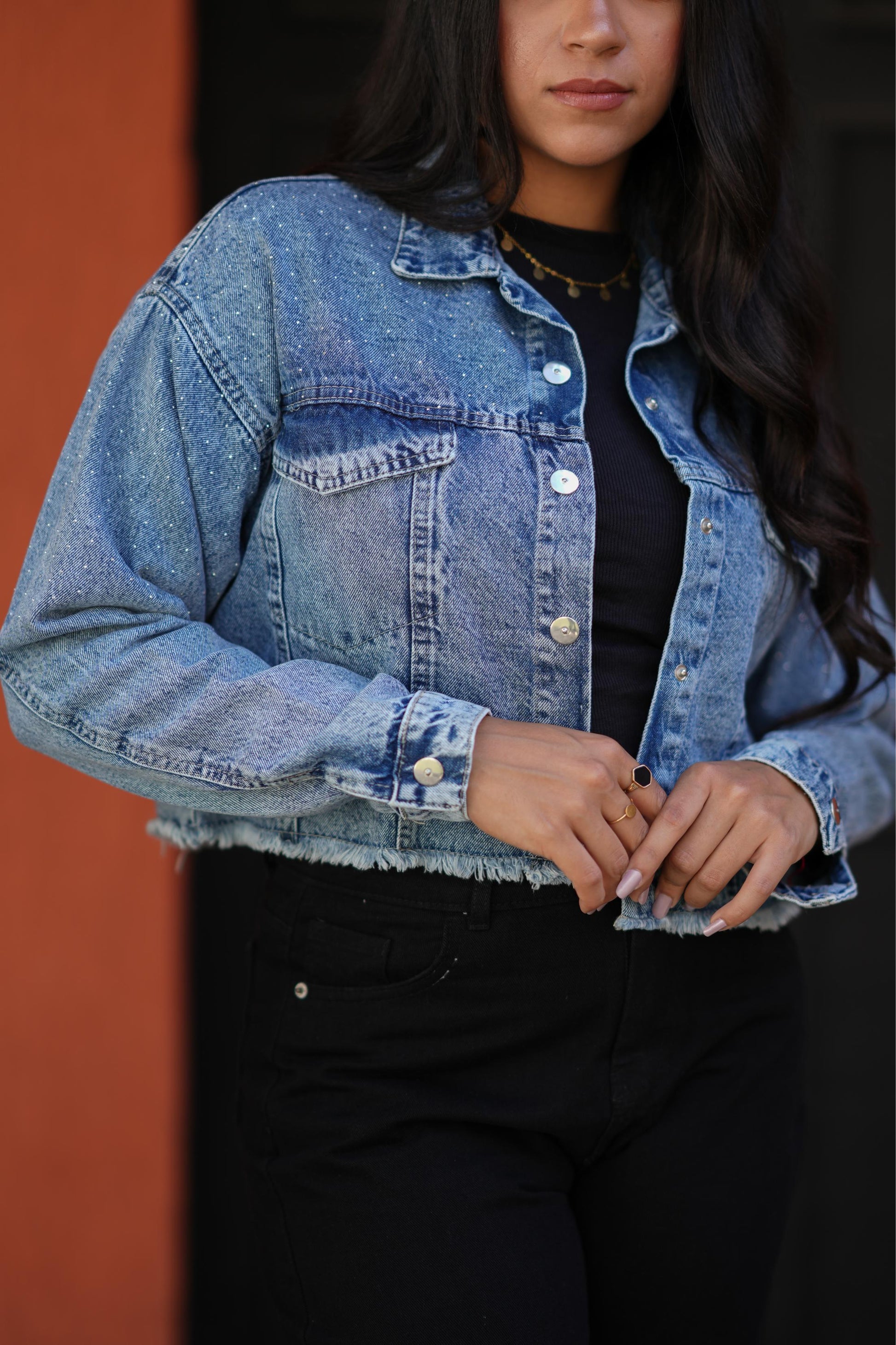 Jacket Jeans With Strass Dark Quarry Blue Color OJ -058