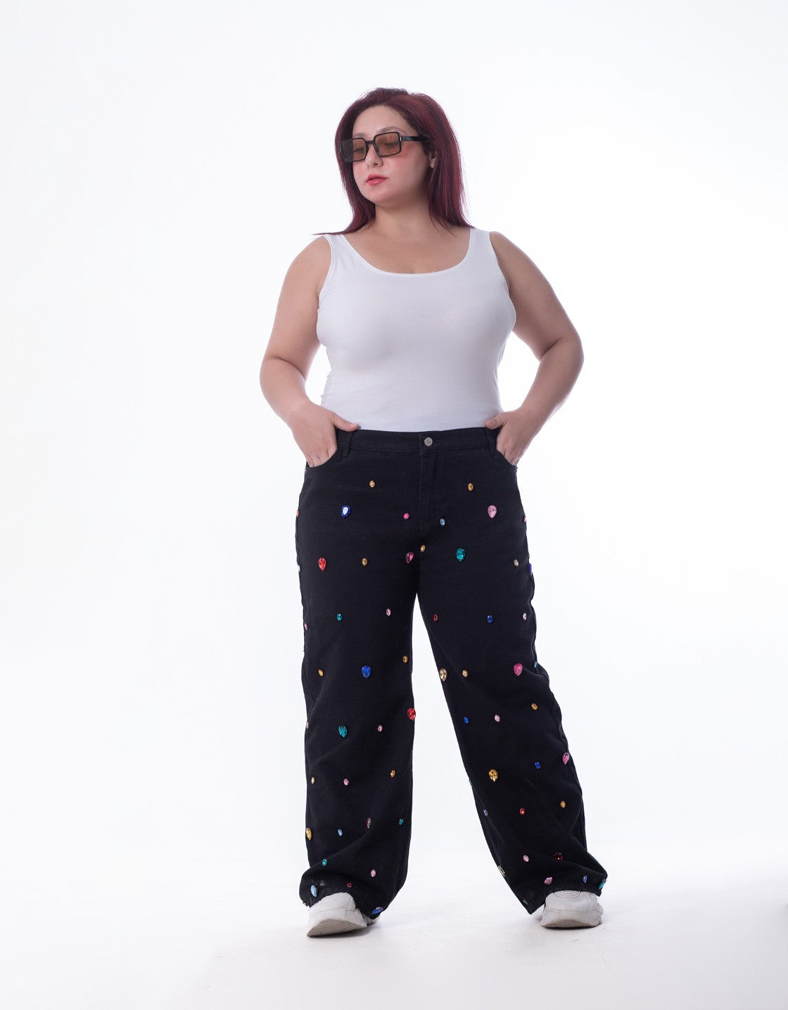 Plus Size Diamond Studded Black Flare Jeans OBD-350DBL