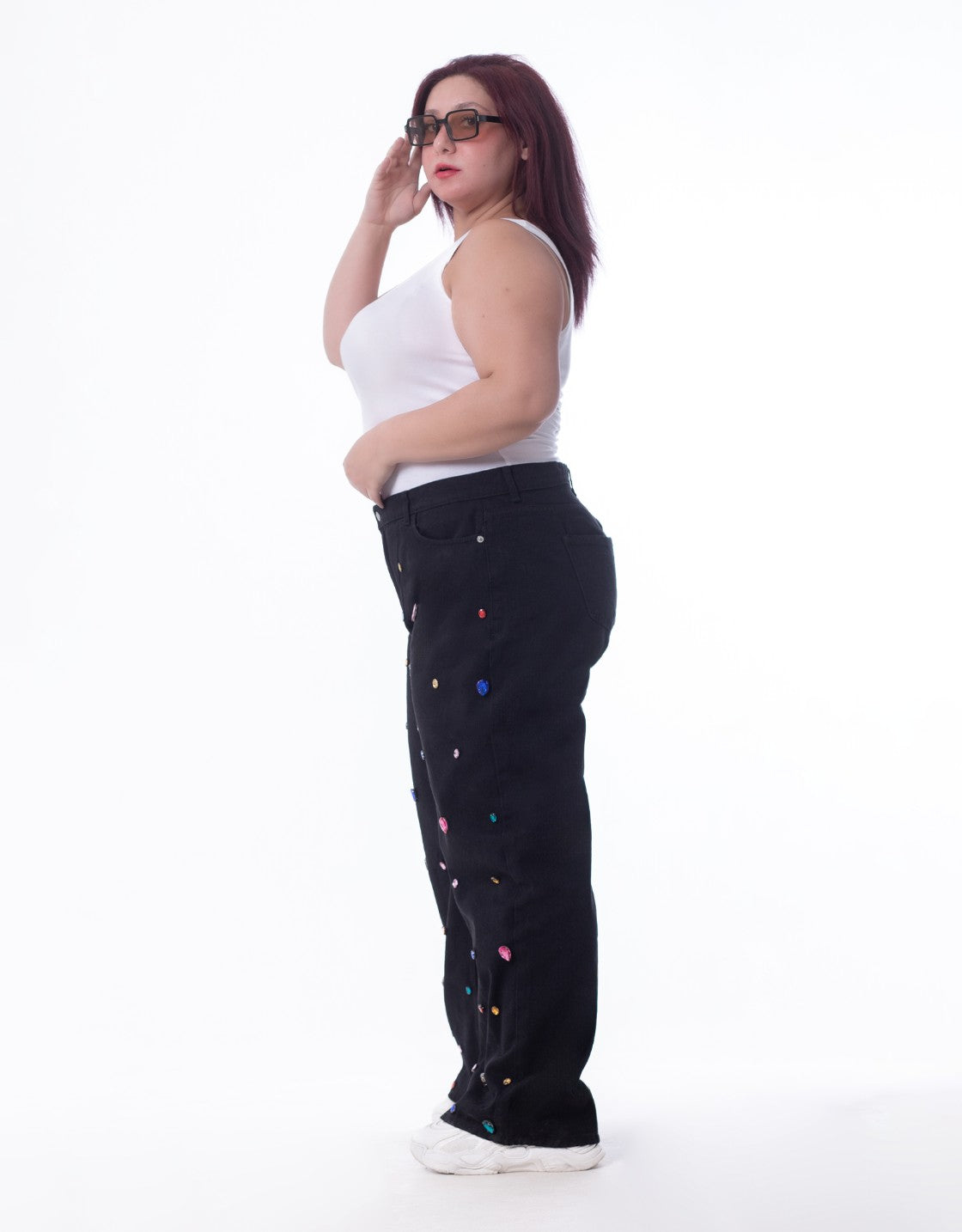 Plus Size Diamond Studded Black Flare Jeans OBD-350DBL