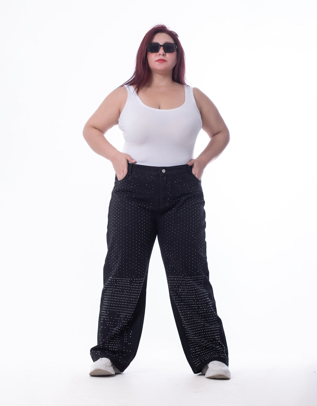 Plus Size Strass Studded Jeans Pants Black Color OBD-350BL