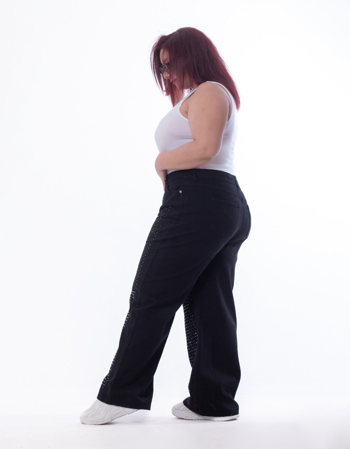 Plus Size Strass Studded Jeans Pants Black Color OBD-350BL