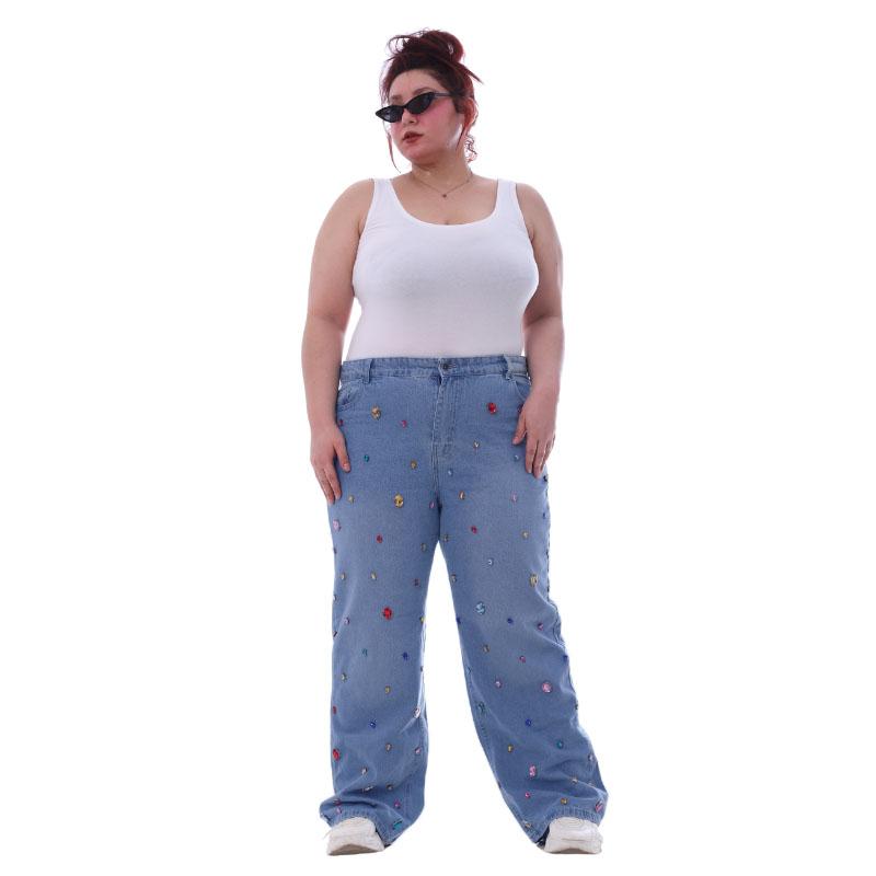 Plus Size Diamond Studded Straight Jeans Pants Medium Blue Color