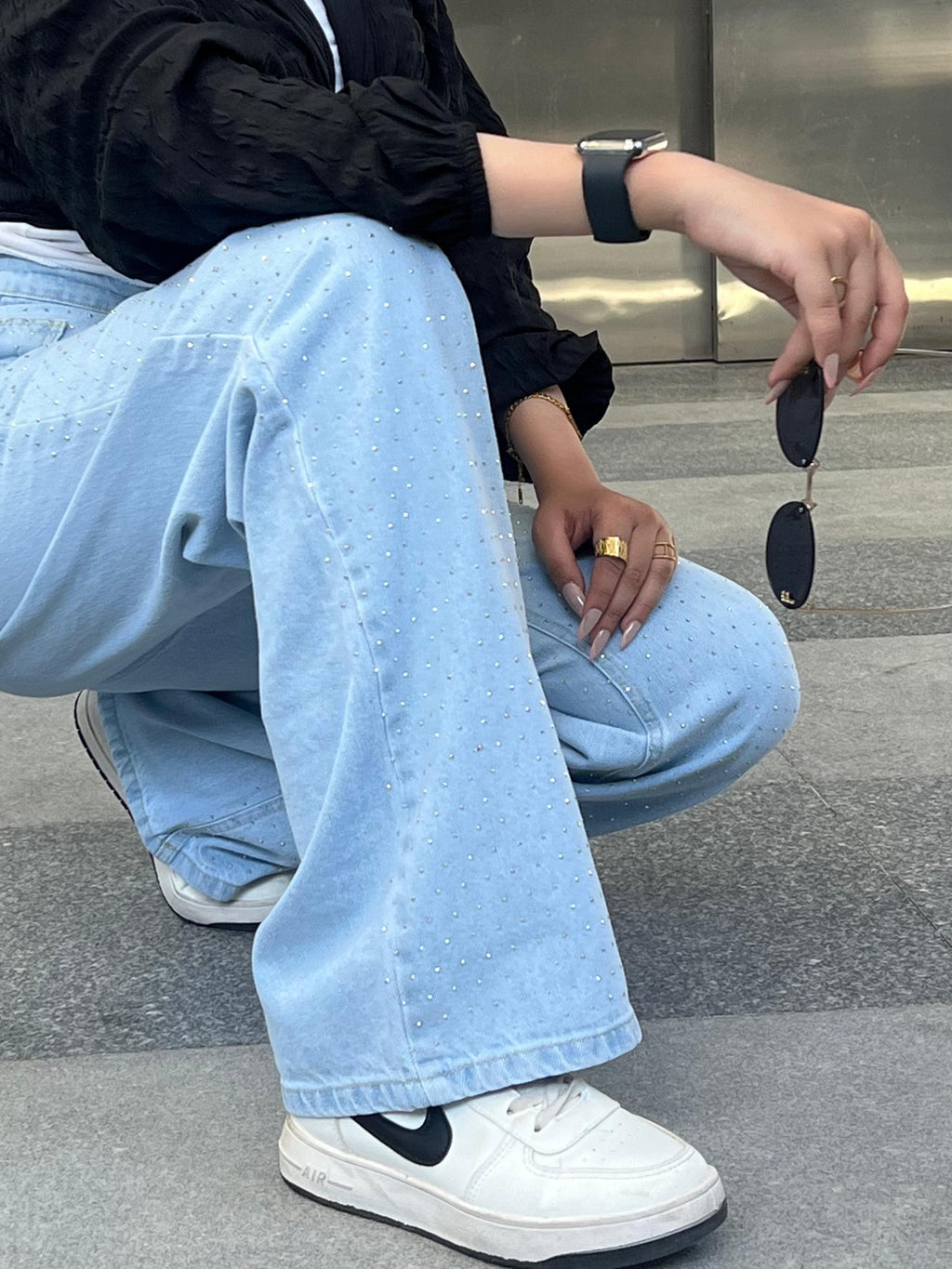 Strass Studded Jeans Pants Light Blue OBS-350C