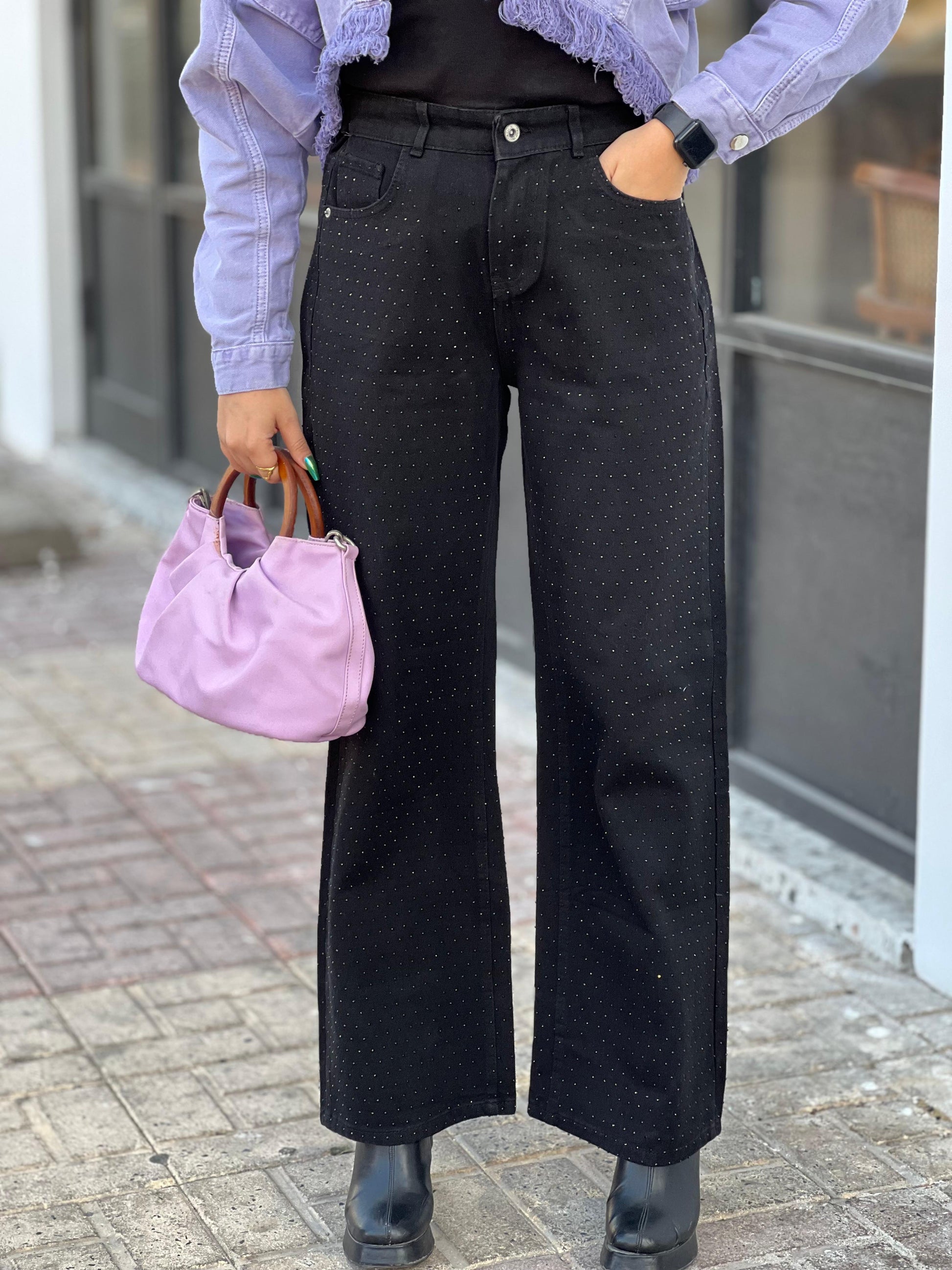 Strass Studded Black Jeans Pants Black OBS-350/1BL